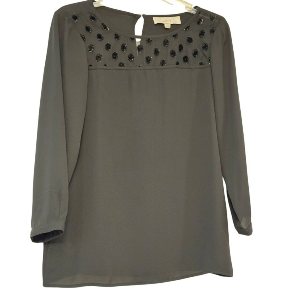 Ann Taylor‎ LOFT Gray Black Embellished Polka Dot Yoke Long Sleeve Blouse Small